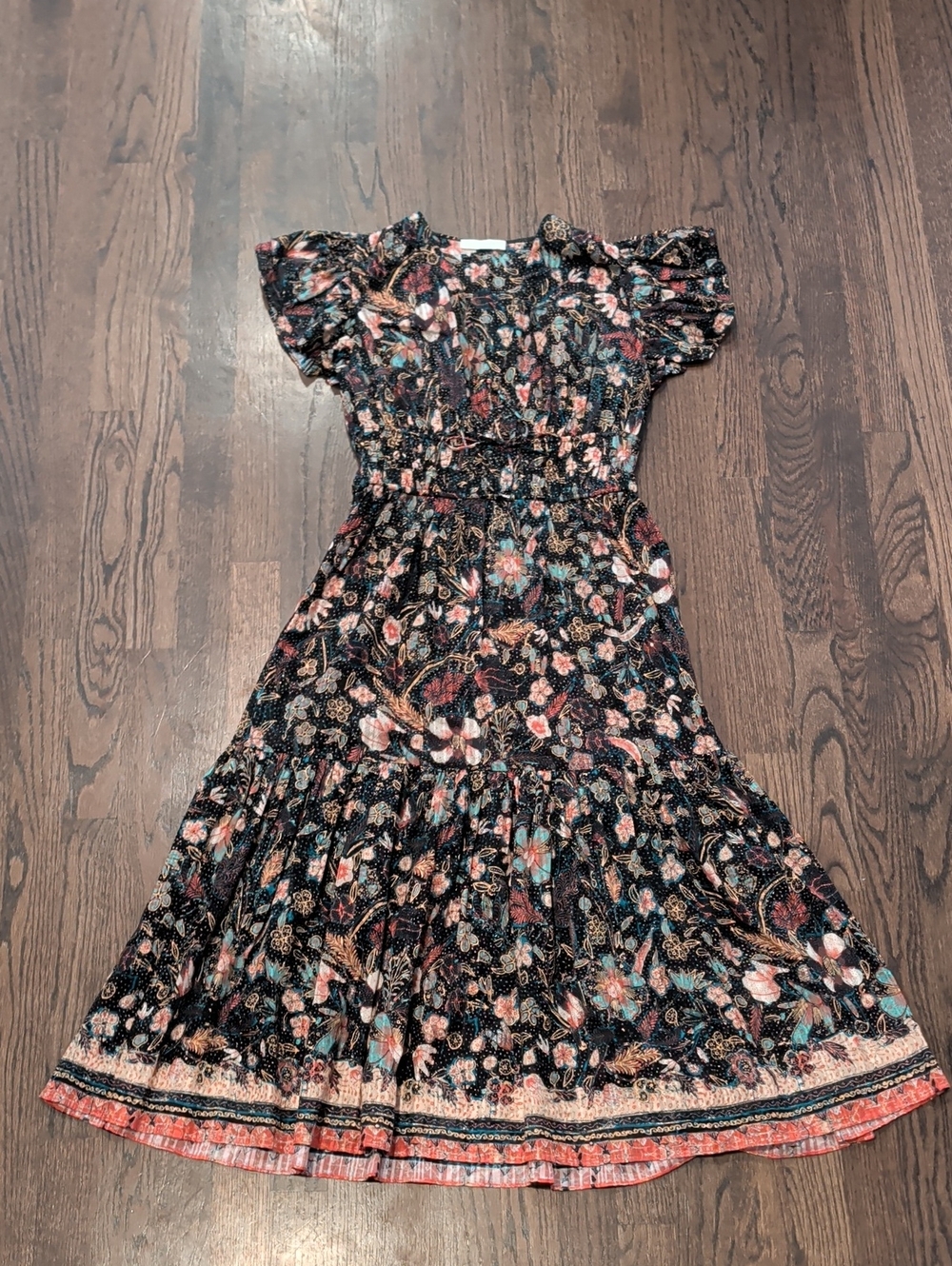 Ulla Johnson Floral Tiered Maxi Dress with Coral and Teal Accents